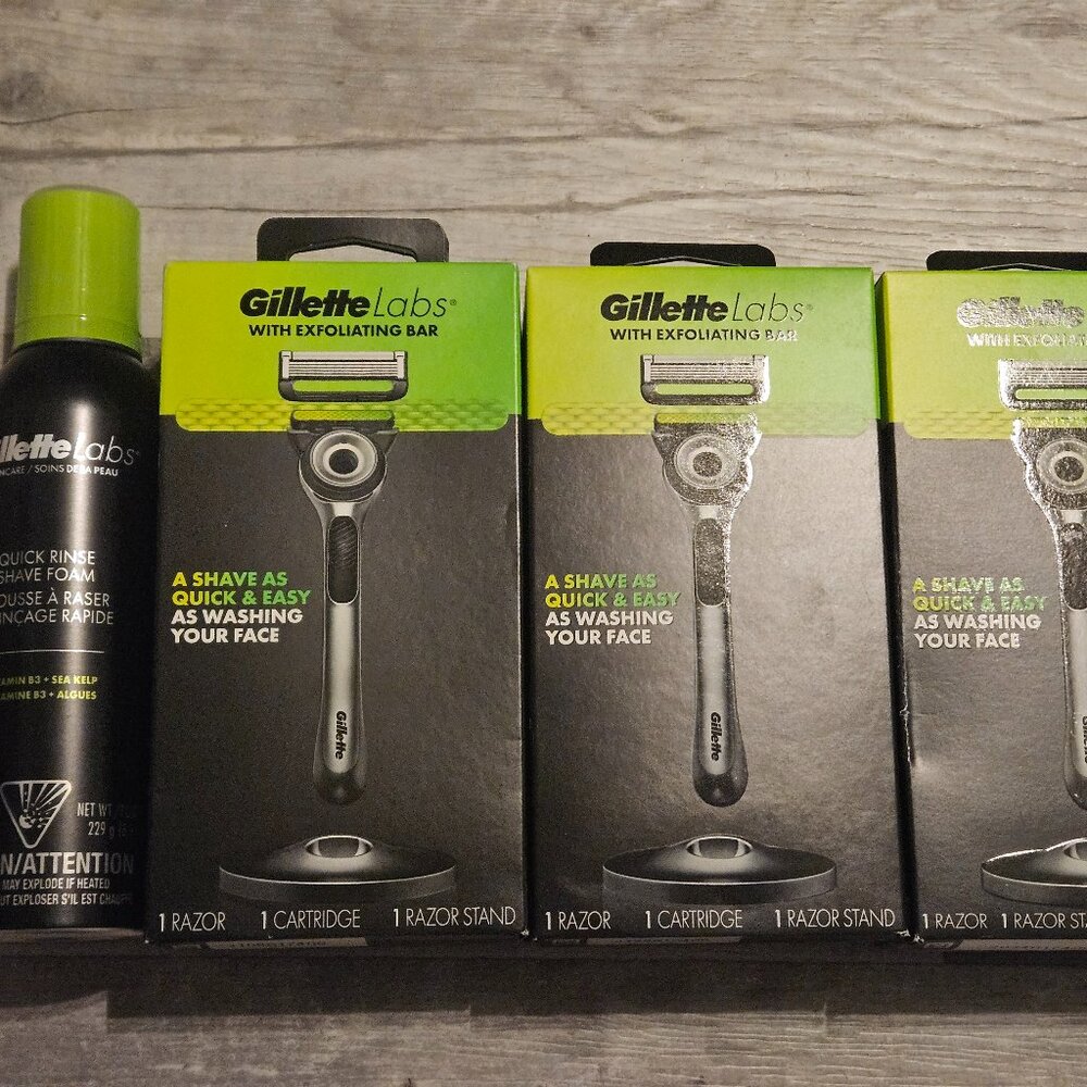 (3) NEW Gillette Labs Exfoliating Bar Men's Razors and Quick Rinse Shave Foam